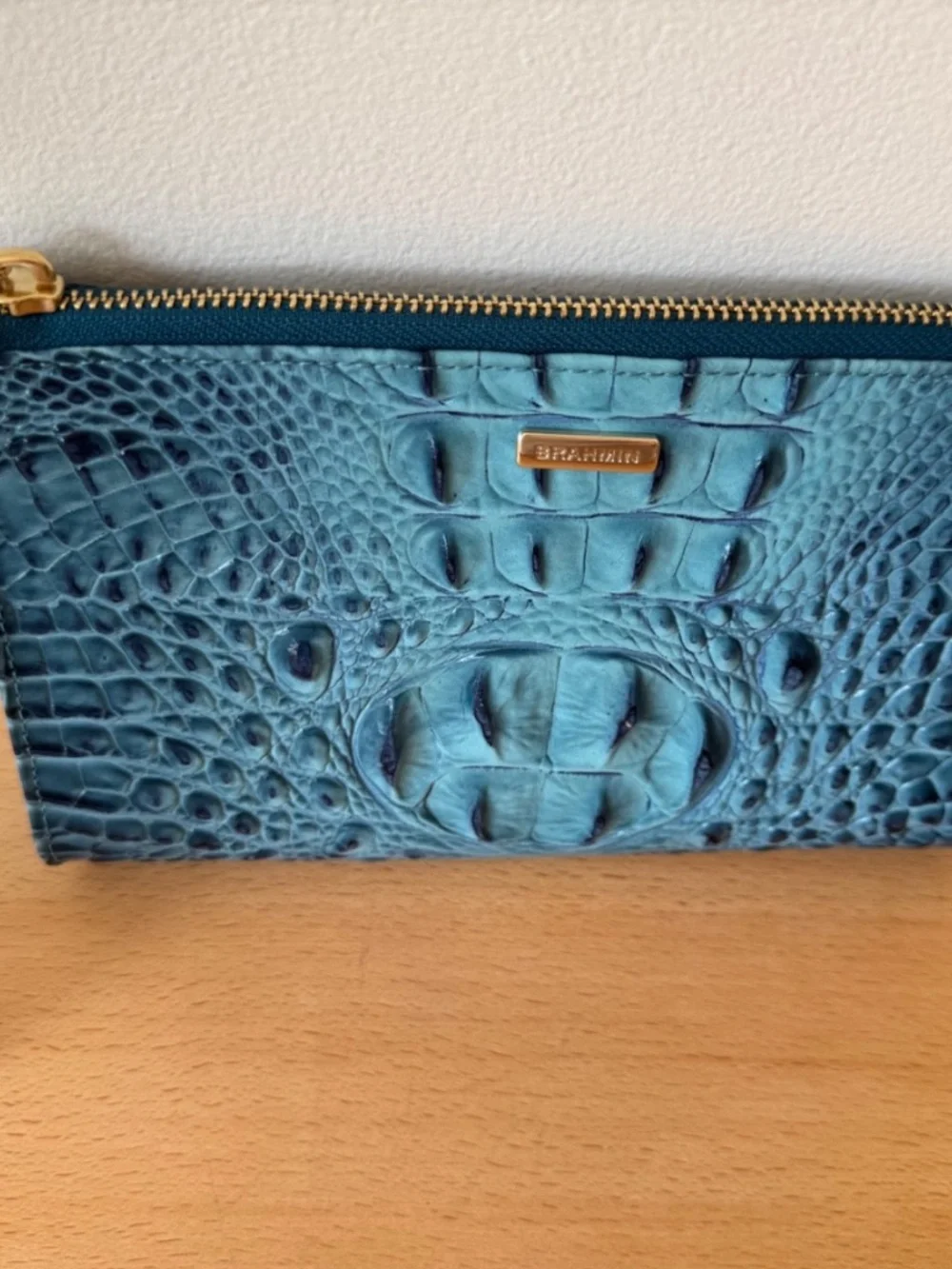 Brahmin Daisy Croc Leather Wristlet Bag Clutch Bottle Blue Ombre Melbourne New